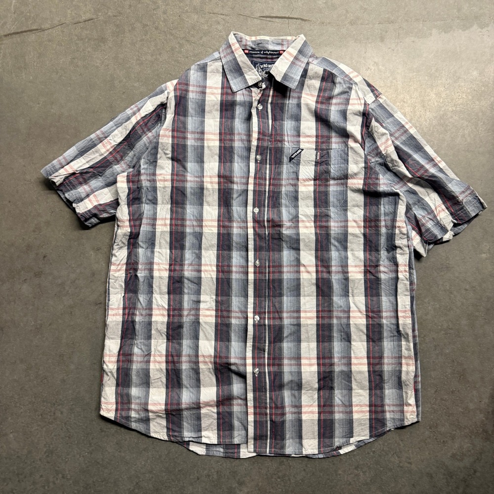 Ecko Unltd Mens 3XT Plaid Button Up Shirt Embroidered Logo Blue Red Y2K 2961